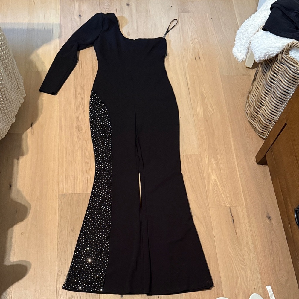 One shoulder diamond mesh jumpsuit suit
